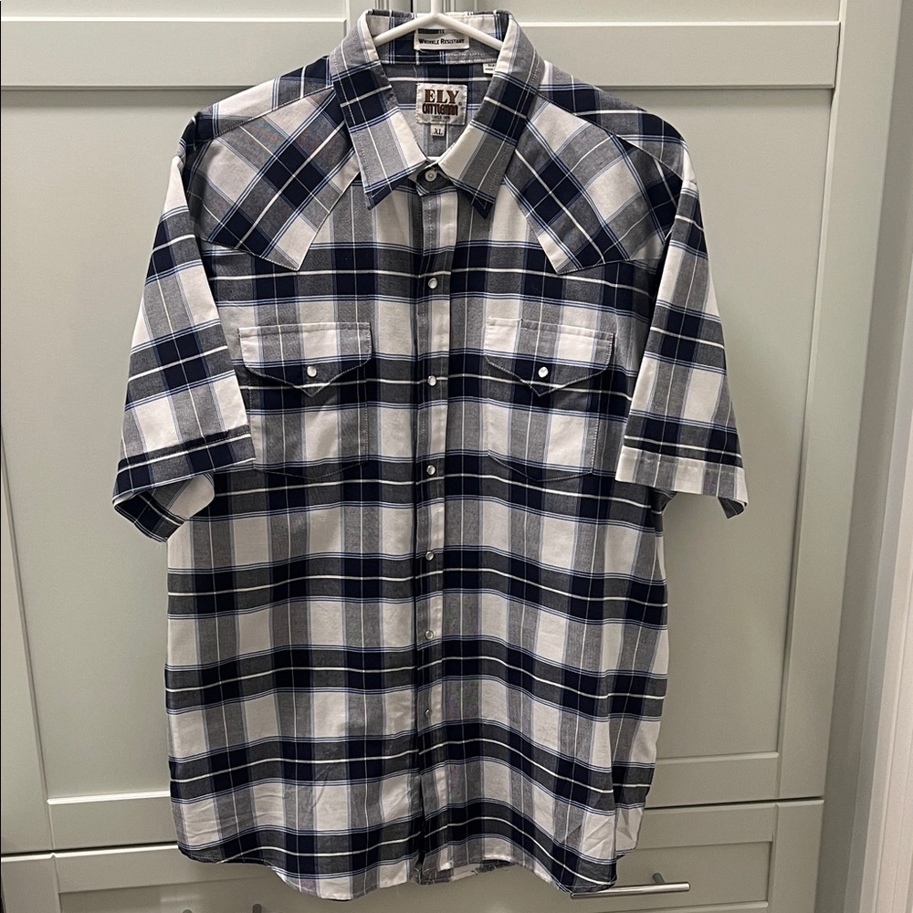 ELY CATTLEMAN Black Blue and White Button Down Up Wrinkle Resistant Plaid Shirt